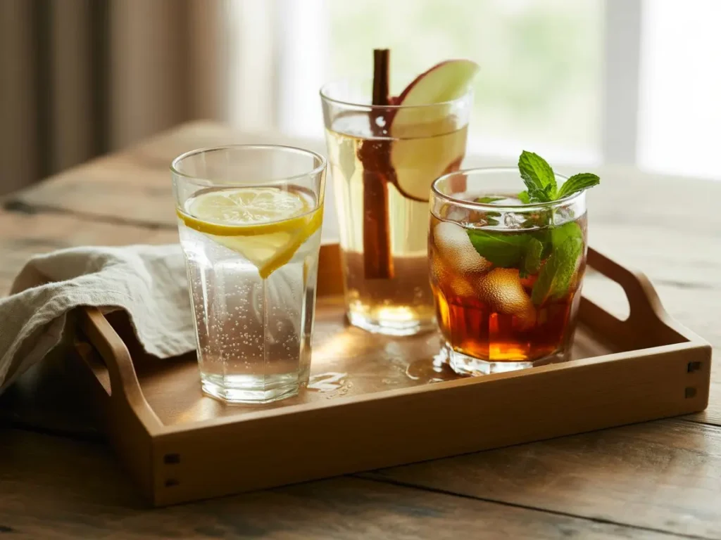 Three small glasses of ice water hack recipe variations with lemon, cinnamon‑apple infusion, and mint garnish