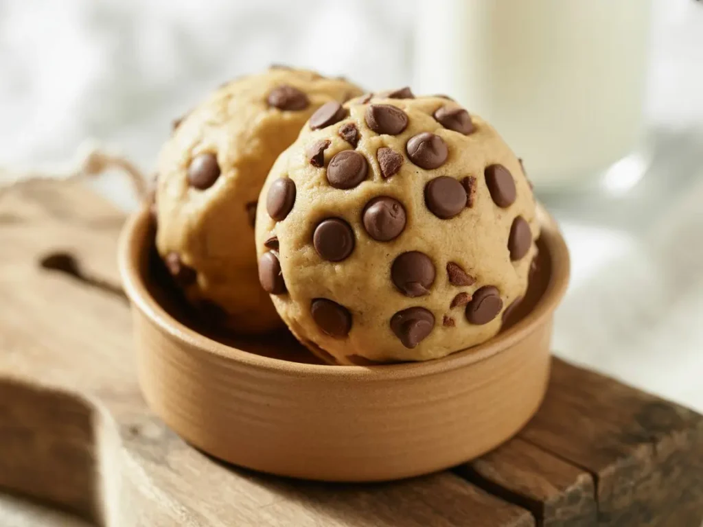 Two scoops of gluten free cookie dough packed with chocolate chips in a small brown ramekin
