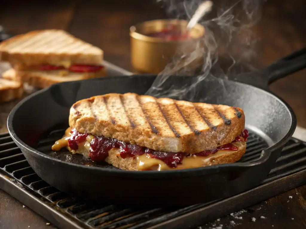 Side view of a grilled Jams Peanut Butter Sandwich sizzling in a cast-iron skillet, with golden grill marks and gooey peanut butter and jam oozing out.