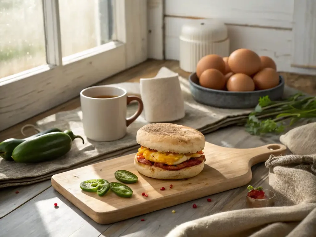 Rustic breakfast setting with a Spicy McMuffin on a wooden board, surrounded by jalapeños, fresh eggs, coffee, and herbs