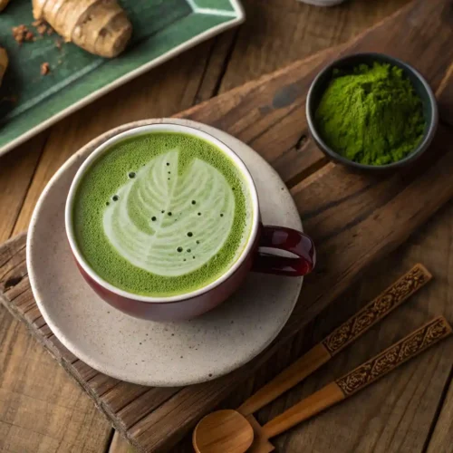 Overhead view of a steaming cup of Japanese Mounjaro recipe featuring vibrant green matcha foam, a single glossy umeboshi plum resting on the rim, a bowl of matcha powder, fresh ginger slices, and a strip of kombu seaweed arranged on a rustic wooden table