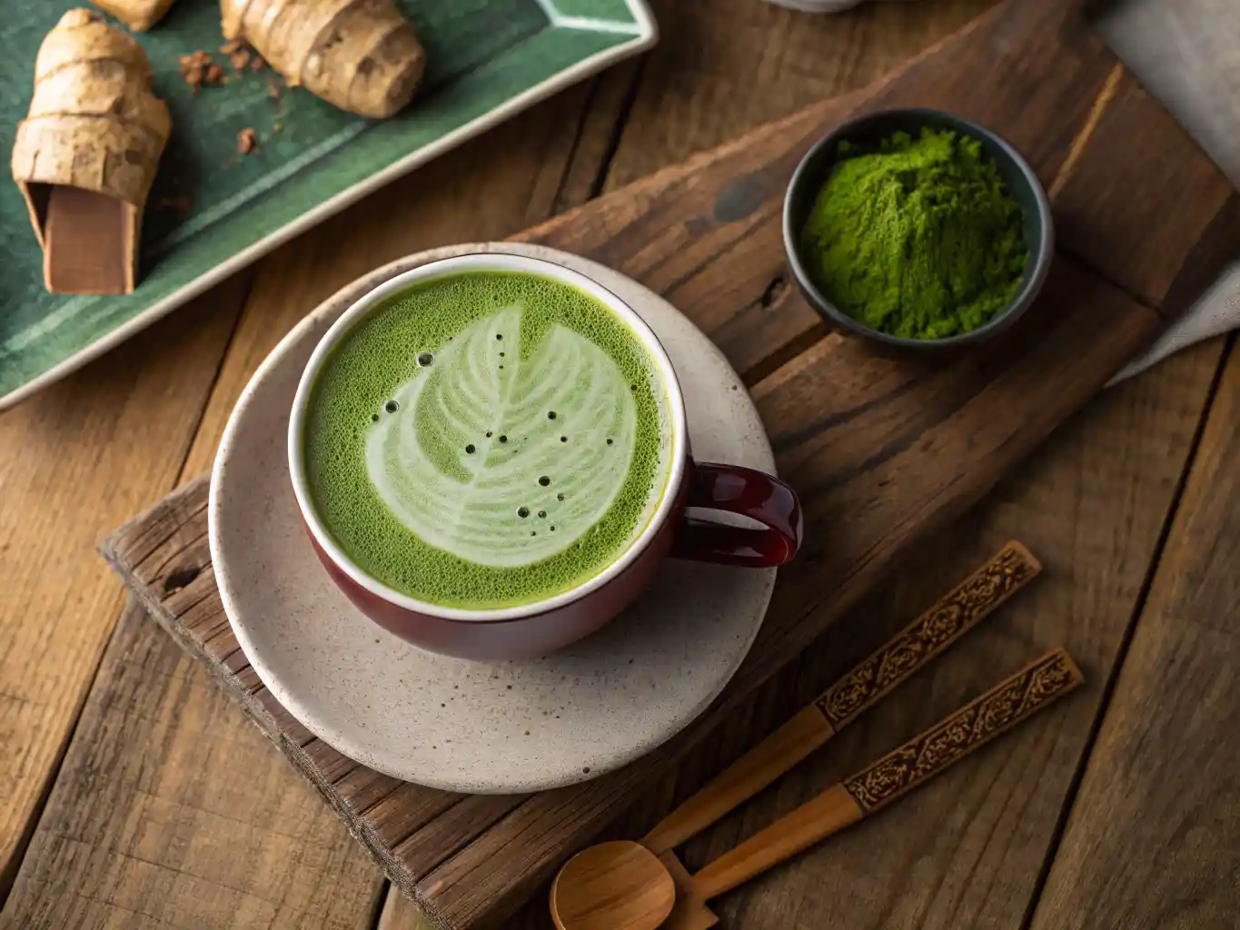 Overhead view of a steaming cup of Japanese Mounjaro recipe featuring vibrant green matcha foam, a single glossy umeboshi plum resting on the rim, a bowl of matcha powder, fresh ginger slices, and a strip of kombu seaweed arranged on a rustic wooden table