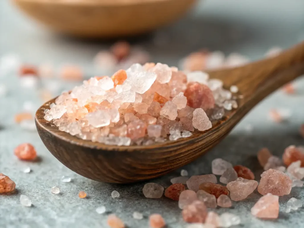 A close-up macro shot of a wooden spoon heaped with coarse pink Himalayan salt crystals, highlighting the texture and rosy hues of my Pink Salt Trick Recipe ingredient.