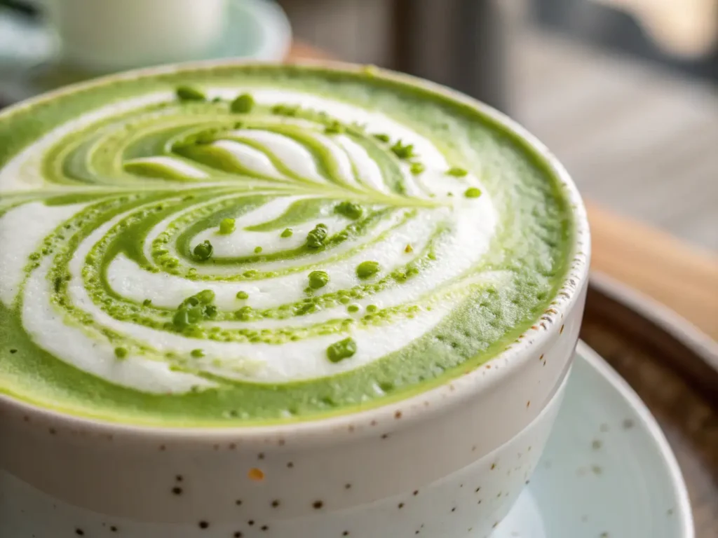 Close-up macro shot of vibrant green matcha foam swirling on top of a ceramic cup from my Japanese mounjaro recipe, showcasing the creamy texture and tiny droplets.