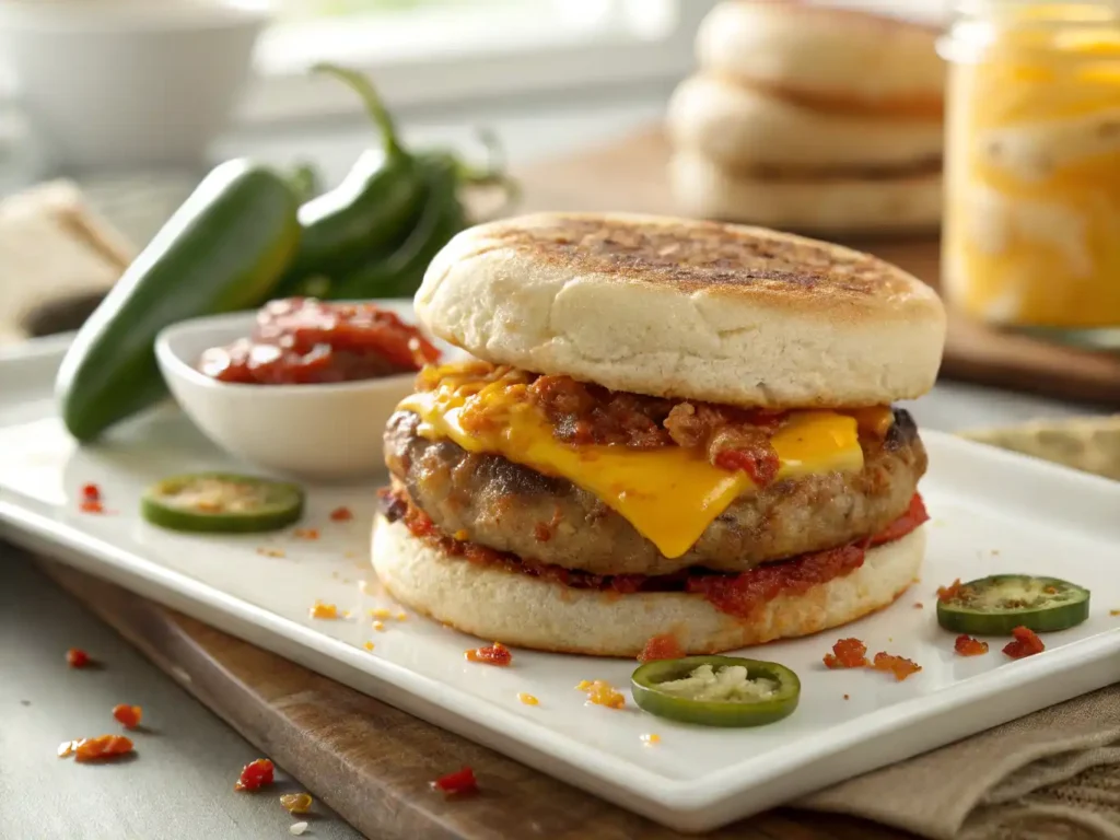 Spicy McMuffin with sausage patty, melted cheddar cheese, spicy tomato relish, and crumbled bacon on a toasted English muffin