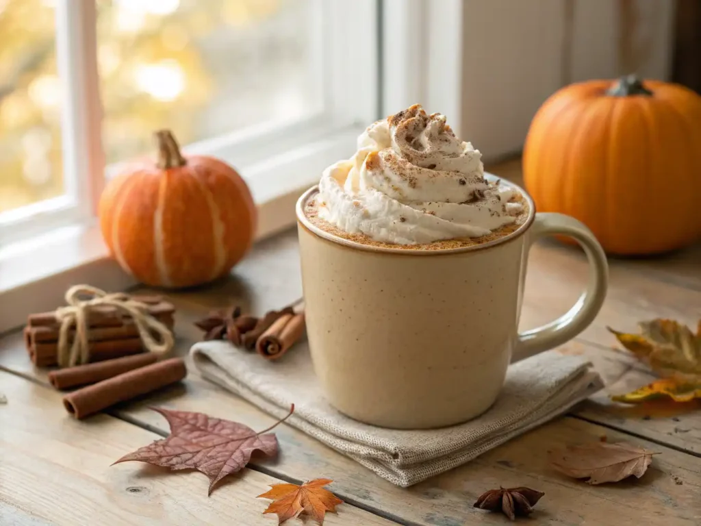 Close-up of a warm, creamy Starbucks Pumpkin Spice Latte Recipe in a beige ceramic mug topped with whipped cream and a dusting of cinnamon, set by a window with small pumpkins and autumn leaves.