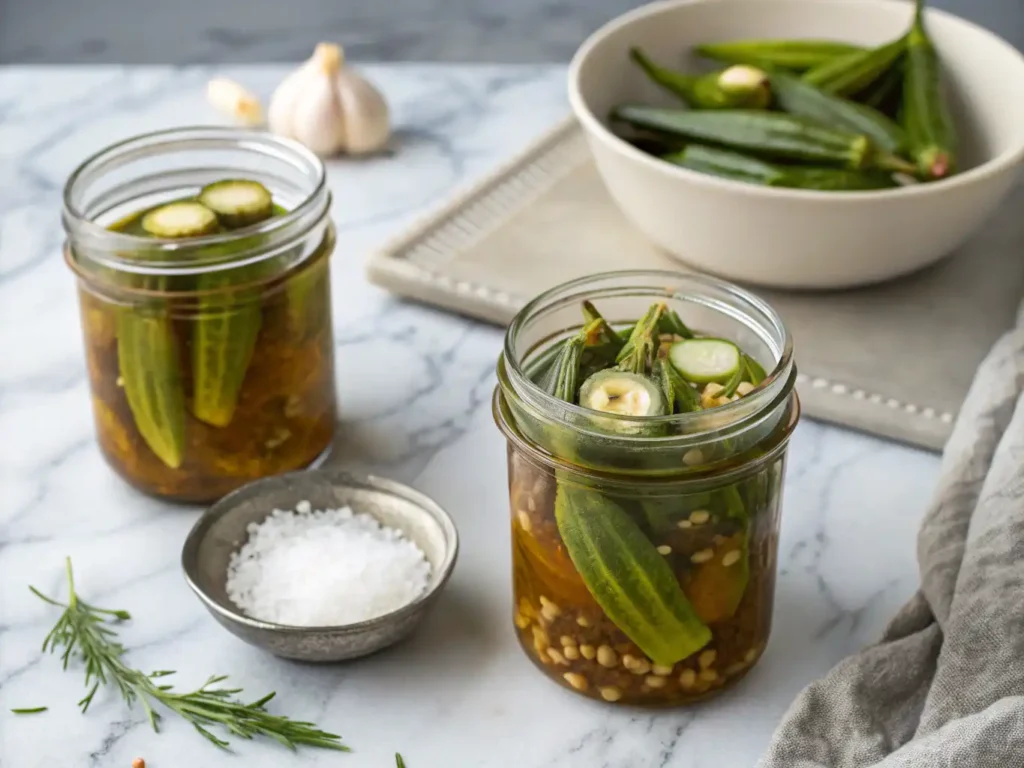 Two clear jars of quick Pickled Okra Recipe with vinegar brine, garlic slices, coriander seeds, and peppercorns on a marble countertop