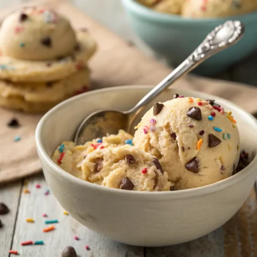 Bowl of creamy gluten free cookie dough scooped with mini chocolate chips and rainbow sprinkles