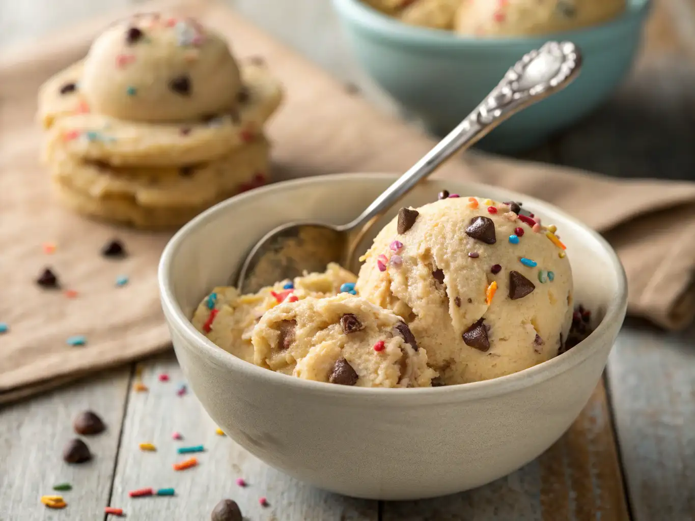 Bowl of creamy gluten free cookie dough scooped with mini chocolate chips and rainbow sprinkles