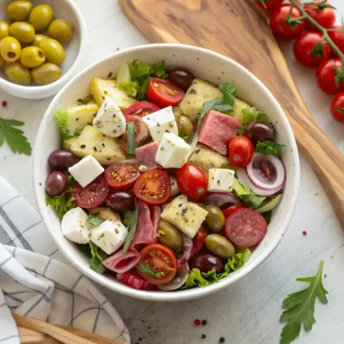 Overhead view of a vibrant Antipasto Salad in a white bowl, featuring cherry tomatoes, olives, mozzarella cubes, artichoke hearts, and halal turkey salami on a rustic tabletop with wooden salad servers.