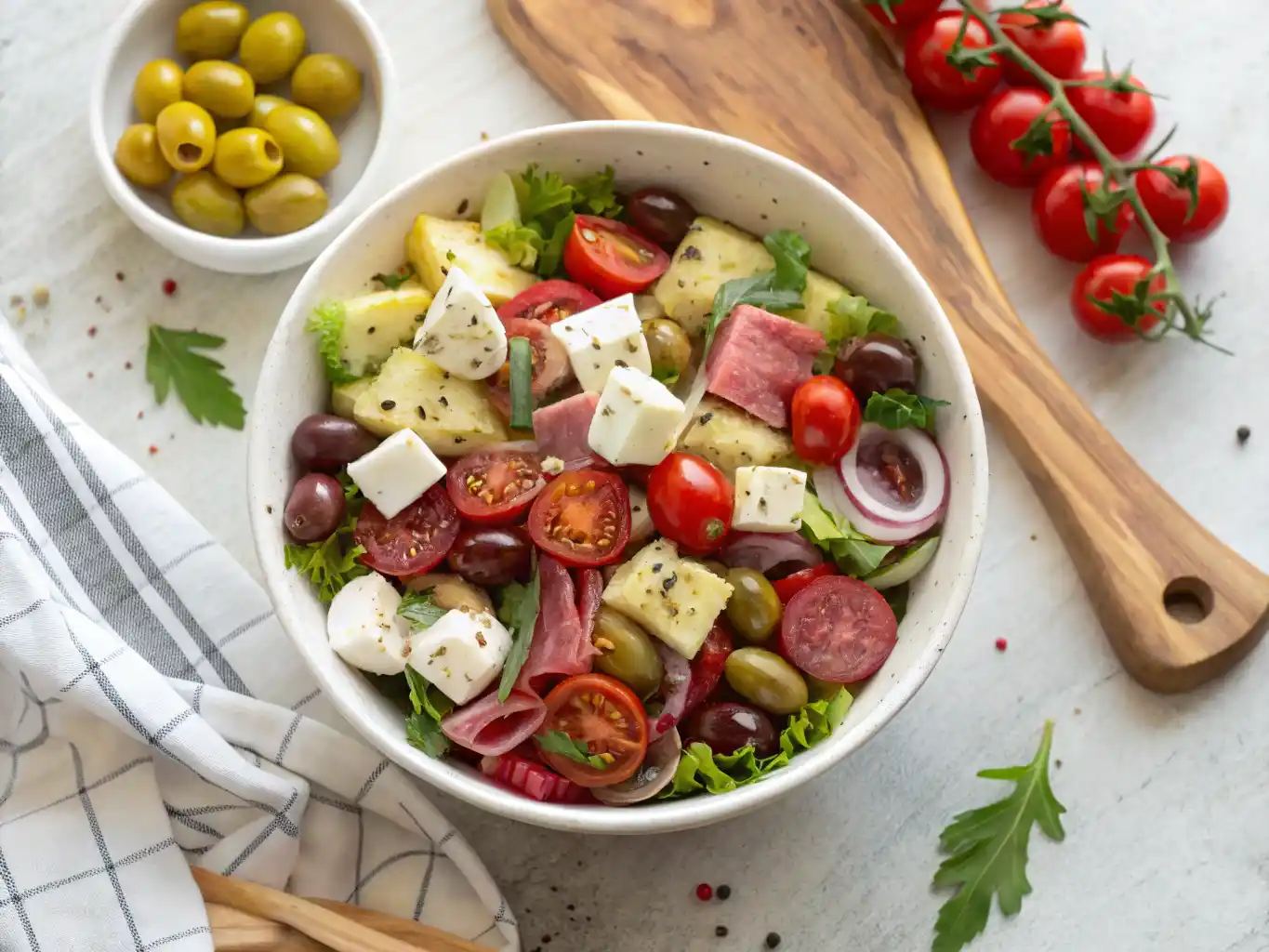 Overhead view of a vibrant Antipasto Salad in a white bowl, featuring cherry tomatoes, olives, mozzarella cubes, artichoke hearts, and halal turkey salami on a rustic tabletop with wooden salad servers.
