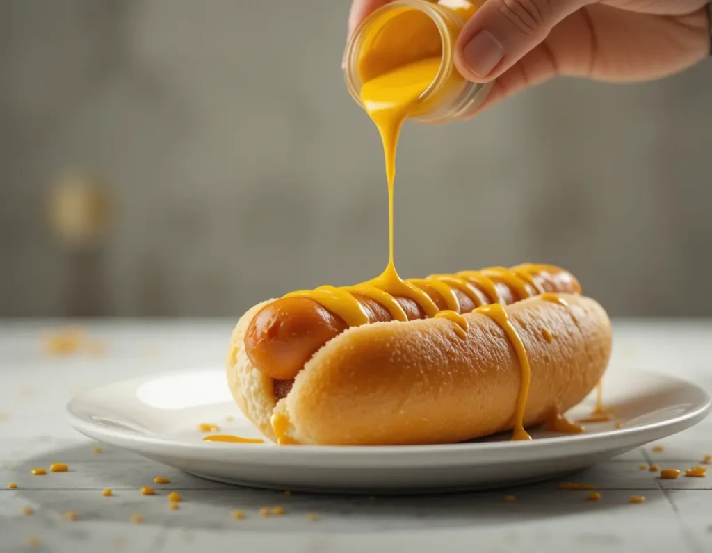 Hand pouring creamy mustard over a juicy hot dog in a soft bun, evoking the spirit of national hot dog day.