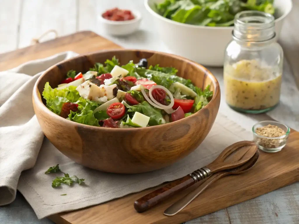Side view of a freshly assembled Antipasto Salad in a wooden bowl, garnished with cherry tomatoes, olives, artichoke hearts, mozzarella cubes, and leafy greens, with a jar of vinaigrette and salad utensils nearby.