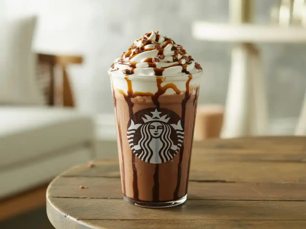 Starbucks Secret Menu Twix-style Frappuccino topped with whipped cream, caramel drizzle, and mocha syrup.