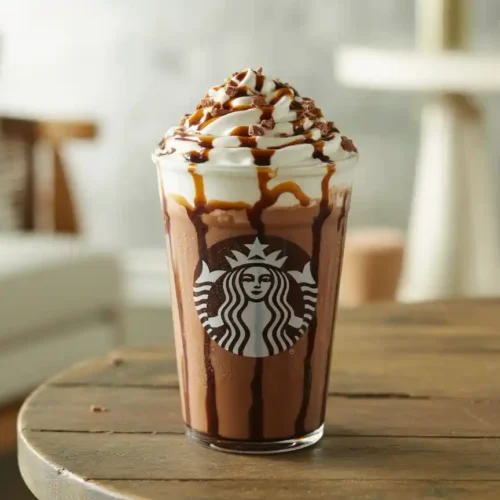 Starbucks Secret Menu Twix-style Frappuccino topped with whipped cream, caramel drizzle, and mocha syrup.