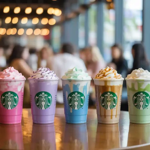 Colorful Starbucks Secret Menu drinks lined up on a café table.
