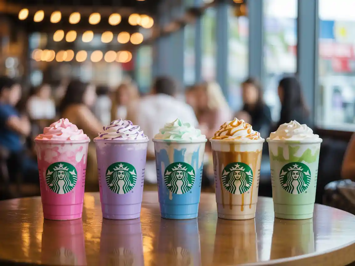 Colorful Starbucks Secret Menu drinks lined up on a café table.