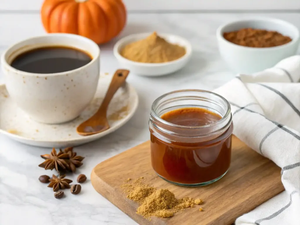 Top-down view of a small glass jar of homemade pumpkin spice syrup for a Starbucks Pumpkin Spice Latte Recipe, surrounded by a cup of black coffee, bowls of ground spices, star anise, coffee beans, and a decorative pumpkin on a white marble surface.