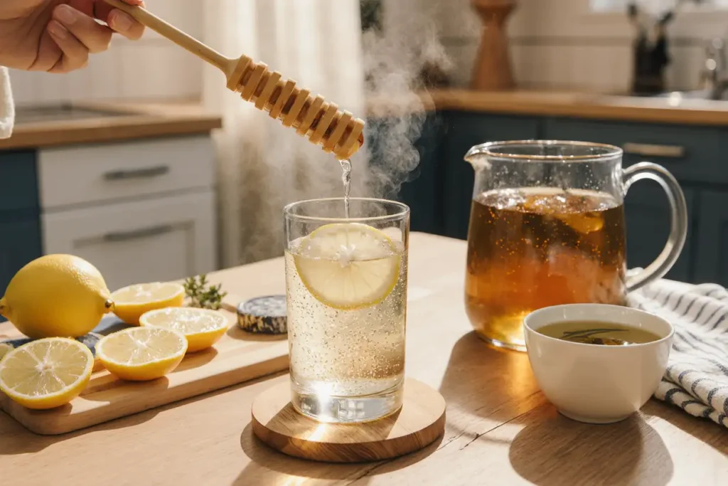 Drizzling honey into a steaming glass of lemon water, demonstrating an easy honey trick recipe for a soothing wellness drink.