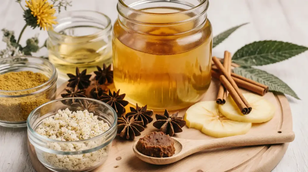Glass jar of herbal tea with spices, honey, and natural ingredients for a Natural Zepbound Recipe.