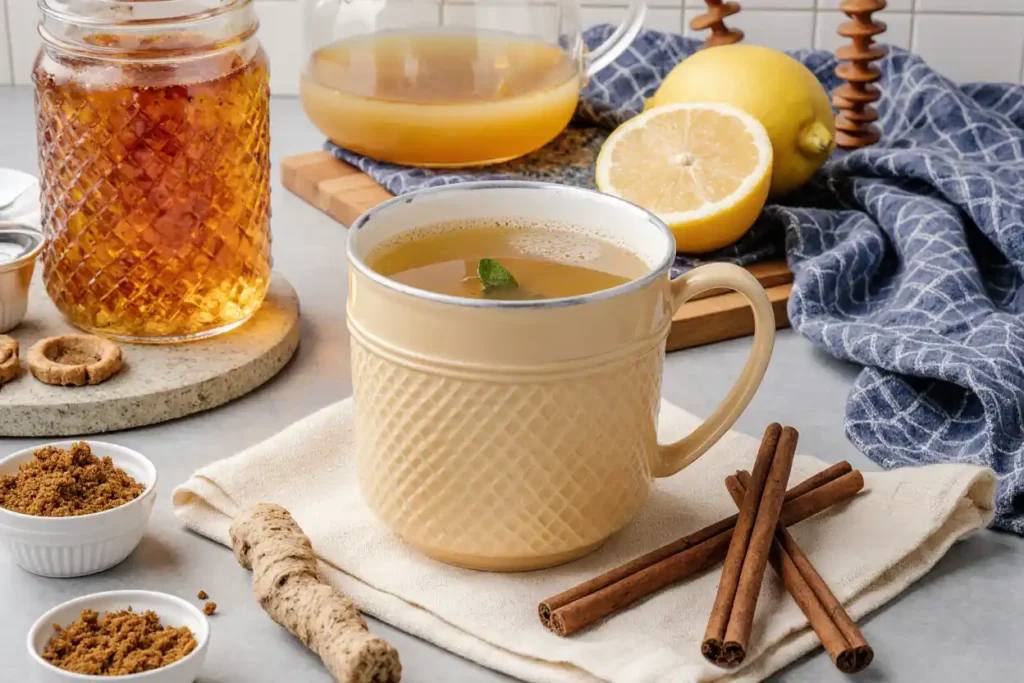 A warm cup of herbal tea made with lemon, cinnamon, ginger, and honey, showcasing an easy honey trick recipe for soothing drinks.