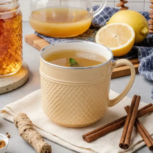 A warm cup of herbal tea made with lemon, cinnamon, ginger, and honey, showcasing an easy honey trick recipe for soothing drinks.