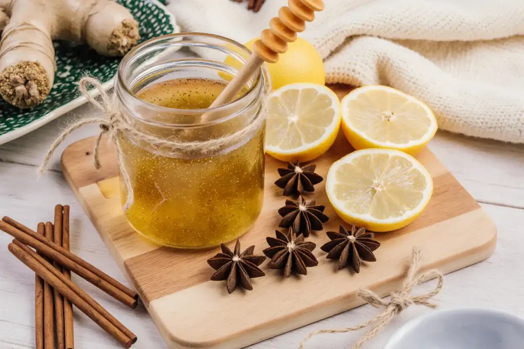 A jar of spiced honey with lemon slices, star anise, cinnamon sticks, and fresh ginger, showcasing a natural honey trick recipe.