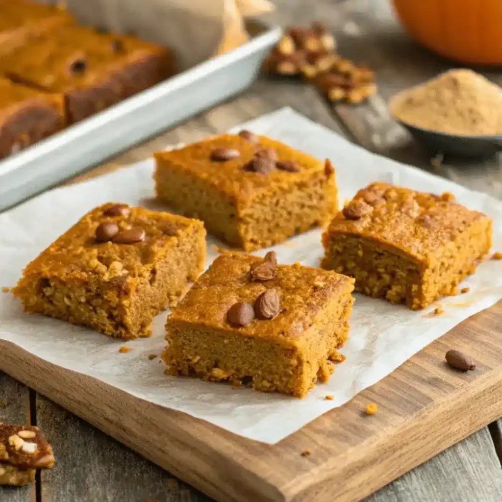Pumpkin Protein Bars Recipe – soft and spiced homemade bars topped with chocolate chips