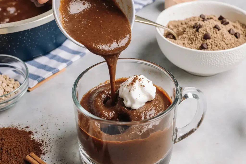 Chocolate protein mug cake recipe batter being poured into a glass mug with whipped cream topping.