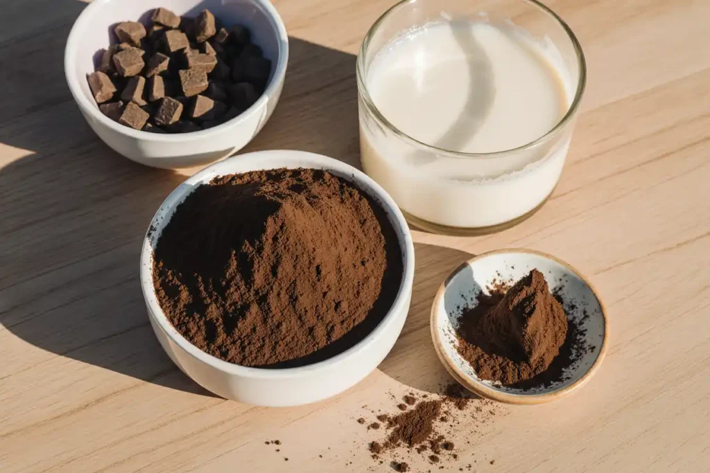 Ingredients for protein mug cake recipe including cocoa powder, chocolate chunks, protein powder, and milk on a wooden table.