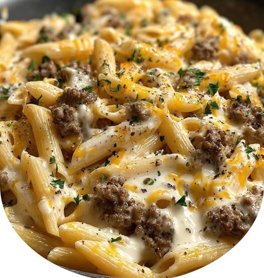 Creamy Cheesy Penne with Garlic Butter Ground Beef