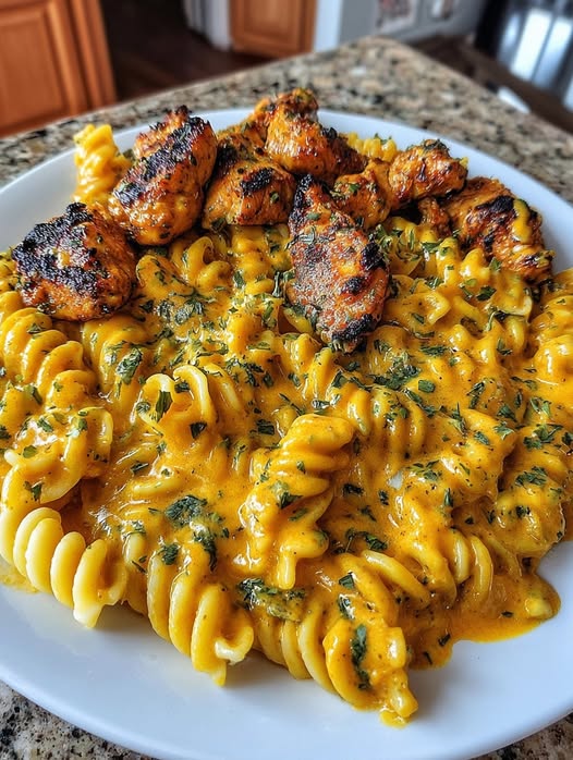 CREAMY CHICKEN AND ROTINI IN CHEDDAR PARMESAN GARLIC SAUCE